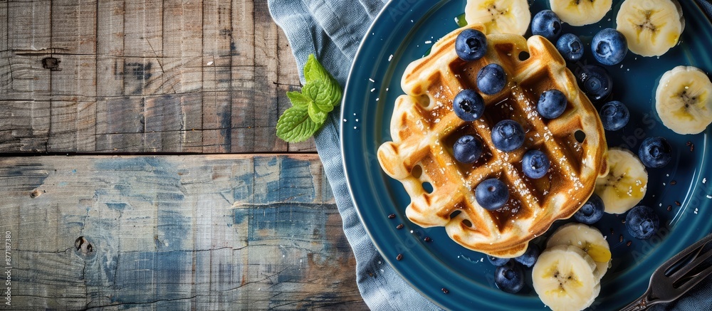 Poster a healthy breakfast diet recipe featuring oatmeal belgian waffles garnished with sliced banana and b