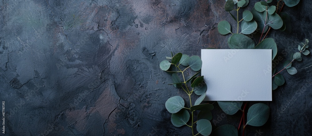 Poster Elegant table arrangement with eucalyptus branch and blank card on a dark backdrop ideal for a copy space image