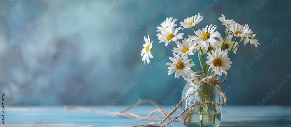 Leinwandbilder White daisy bouquet in a jar with a sack on a blue background perfect for adding a rustic touch to your project or design with copy space image