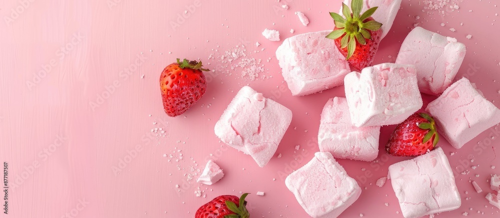 Poster pink homemade marshmallows or zephyr with pink strawberry dessert on a pink background creating a vi