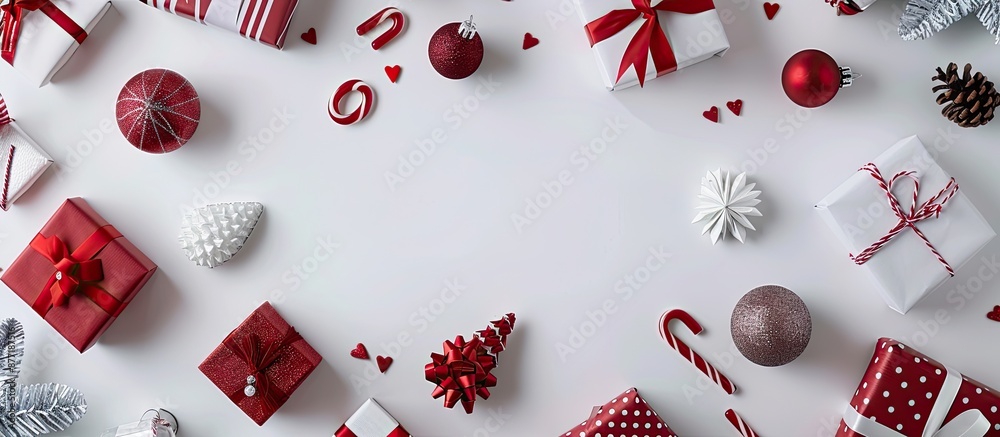 Aufkleber Gift themed flat lay with red white and colorful elements on a white background featuring a clear copy space image