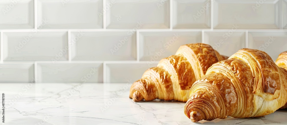 Fototapete Croissants displayed on a white ceramic tiled table with a blank space for text in the background. with copy space image. Place for adding text or design