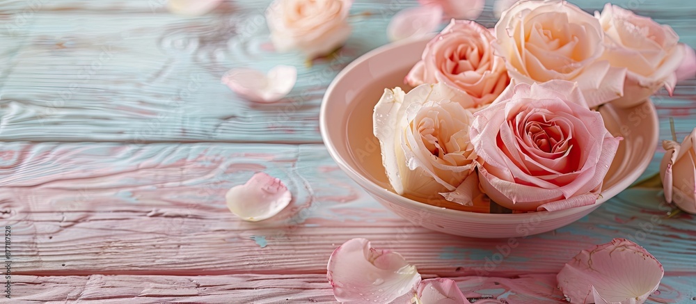 Aufkleber fresh roses in a bowl of water set against a soft pastel colored wood background ideal for copy spac