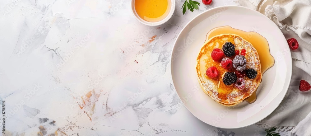 Poster a picture of shrovetide celebration featuring a pancake dish topped with honey milk berries and jam 