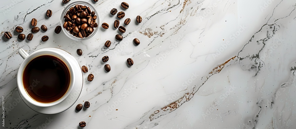 Poster coffee cup and beans on marble surface with copy space image
