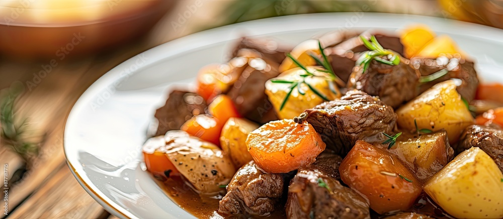 Aufkleber selective focus on a beef stew dish highlighting potatoes and carrots with a blurred background for 