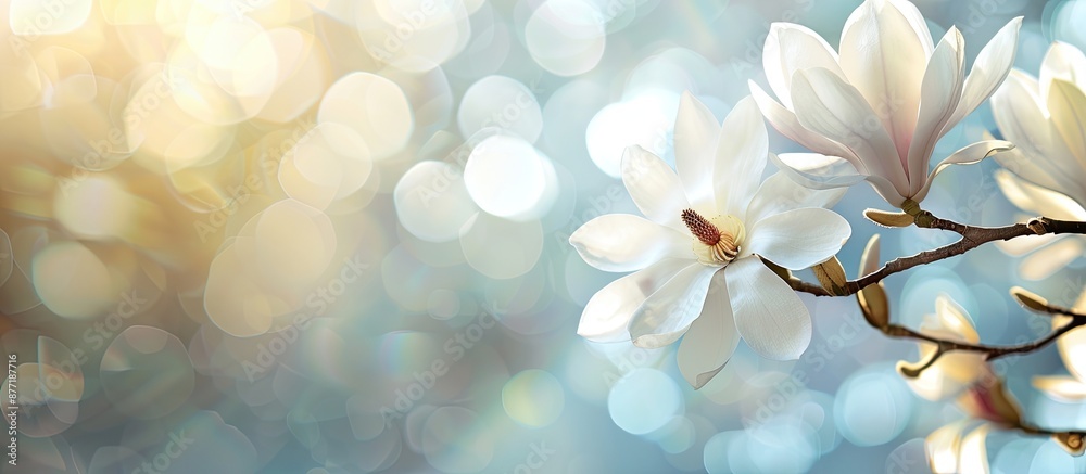 Aufkleber Spring background with a white magnolia flower on a branch in focus set against a blurred backdrop to create a charming copy space image