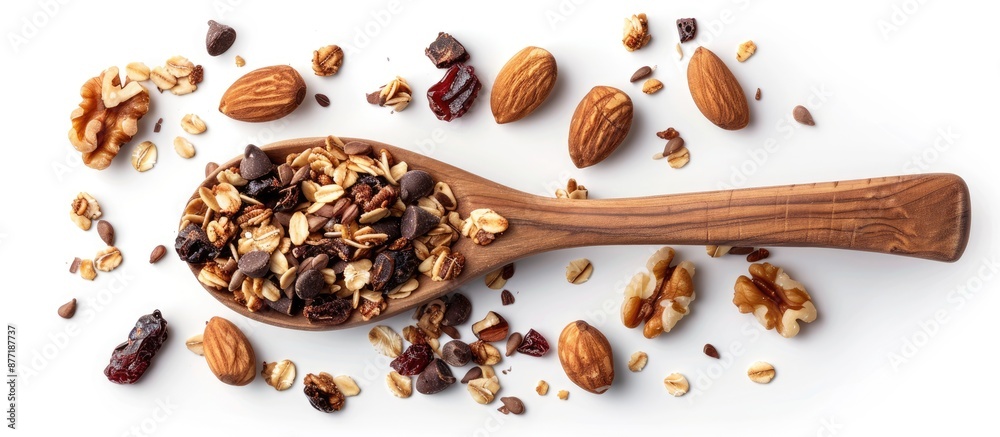 Poster wooden spoon with chocolate granola and nuts isolated on white background for copy space image