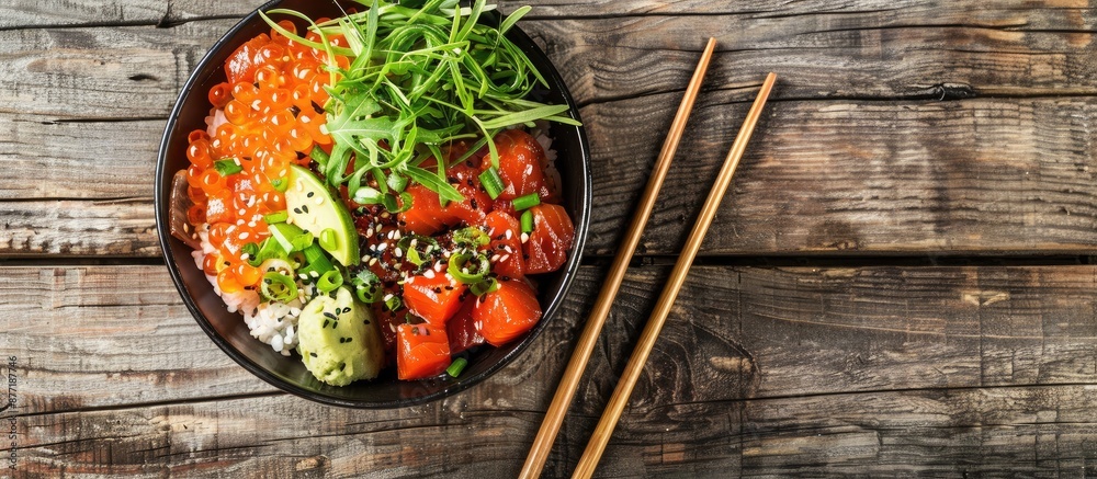 Leinwandbilder a poke bowl displayed from above on a wooden surface featuring chopsticks beside it this dish combin