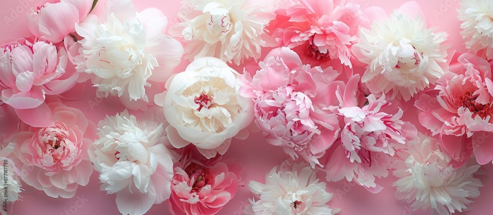 Poster A floral arrangement featuring white and pink peonies on a soft pastel backdrop with areas for text or graphics Flat view for a nature theme. with copy space image. Place for adding text or design