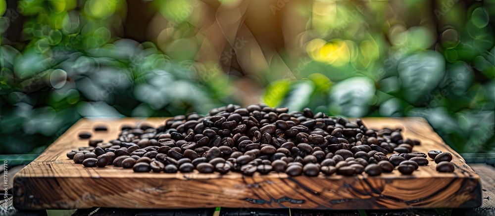Poster selective focus on coffee beans arranged on a wooden board in a garden with natural lighting creatin