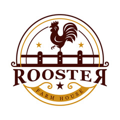 Rooster on Fence Retro Logo Design Inspiration - Isolated vector Illustration on white background - Creative Vintage emblem, icon, symbol, badge