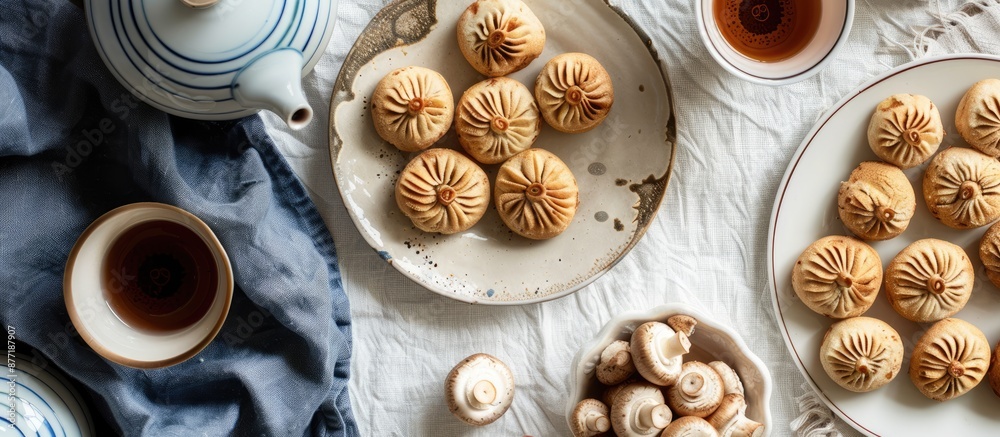 Aufkleber chinese bings on a plate with mushrooms on a white background accompanied by tea cups allowing space