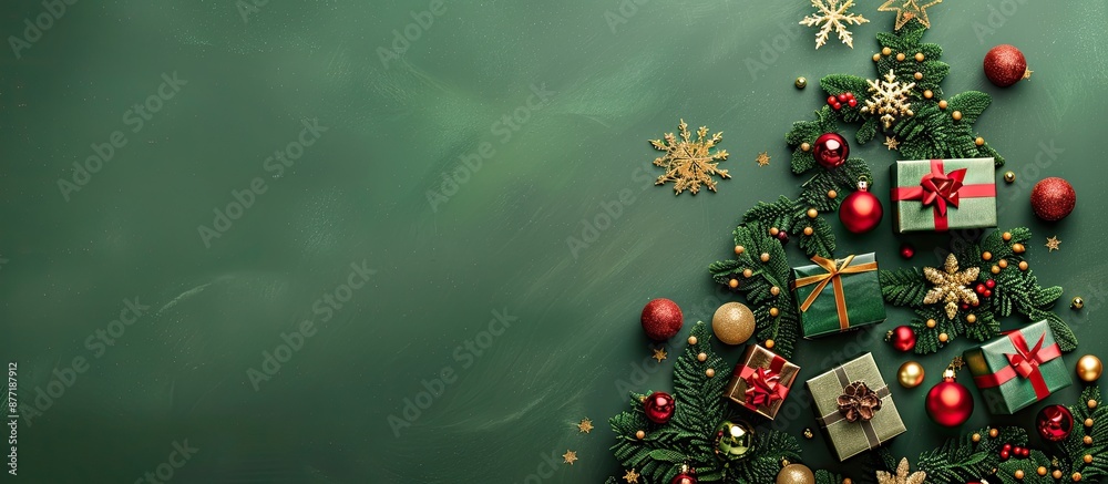 Aufkleber a festive christmas tree crafted from gift boxes and ornaments on a green backdrop with a copy space