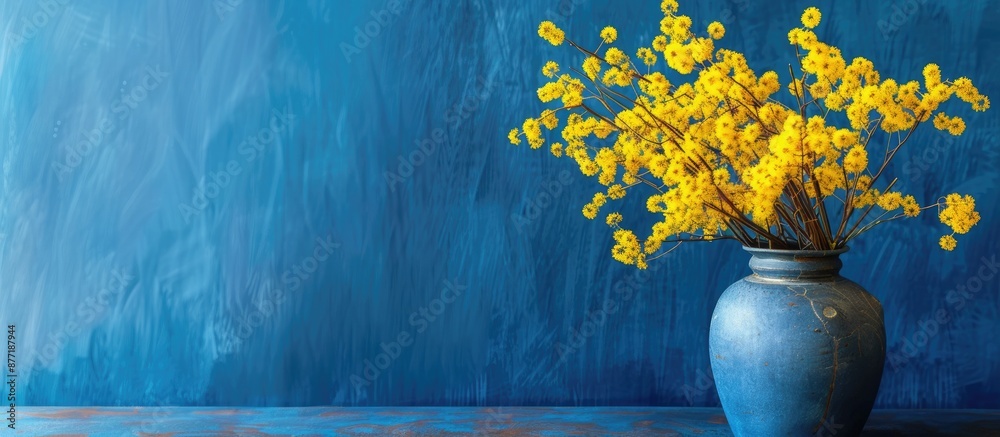 Poster a vase with mimosa flowers against a blue backdrop featuring bright yellow spring blooms with ample 