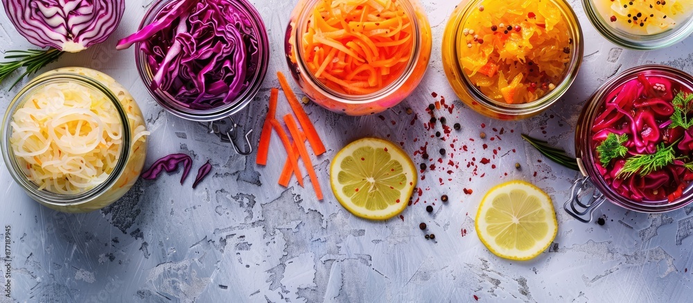 Poster a variety of fermented foods like sauerkraut red cabbage pickles carrots and preserved lemons displa