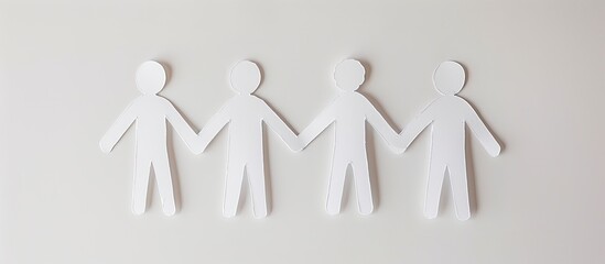 Four paper cut out figures of people holding hands with copy space image on white background representing the concepts of humanitarianism assistance and unity