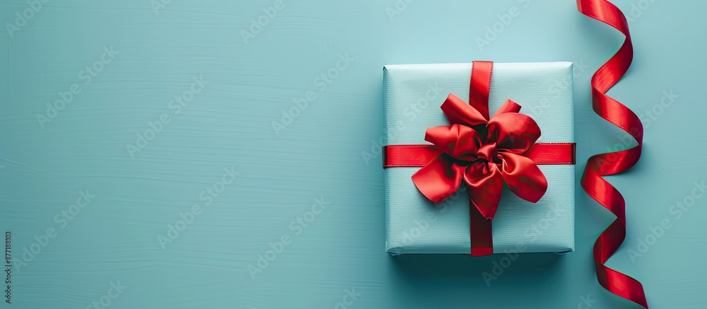 Poster a festive composition showing a holiday gift box with a bow surrounded by red satin tape on a light 