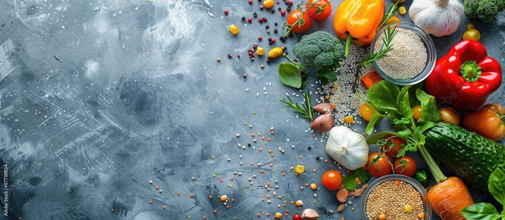 Fototapete colorful assortment of vegetables and grains on a gray surface creating a vibrant backdrop with copy