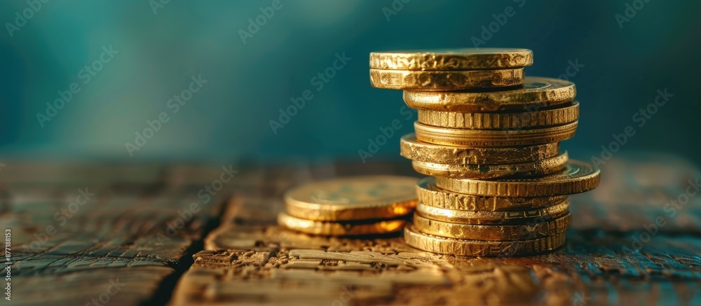 Poster a stack of gold coins rests on a wooden surface against a blue backdrop providing room for a copy sp