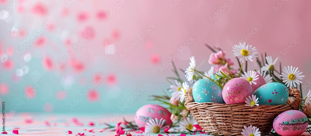 Poster Basket with painted Easter eggs and flowers displayed in front of a soft pink backdrop with blank space for additional imagery a copy space image
