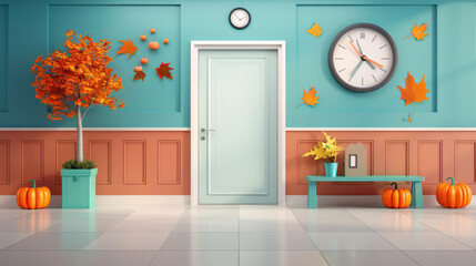 Autumn-themed school hallway with friendly atmosphere, flat design concept