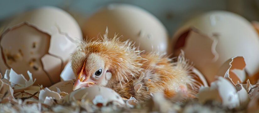 Close up image of a newborn bald chicken hatching from an egg among shell fragments with copy space in the picture