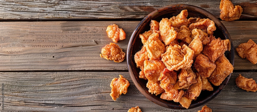 Fototapete Crunchy fried pork cracklings displayed on a wooden surface with room for text in the image. with copy space image. Place for adding text or design