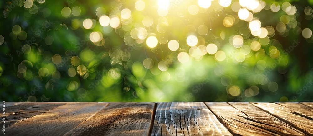 Poster Morning sunlight and green bokeh illuminate a wooden table with space for product display set against a blurred natural backdrop. with copy space image. Place for adding text or design