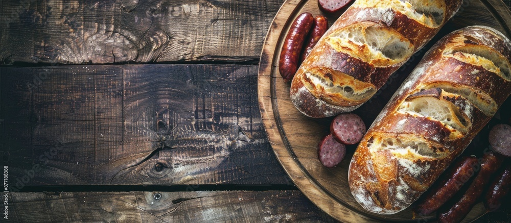 Aufkleber Vintage style filtered image of bread with sausage on a wooden backdrop with copy space image