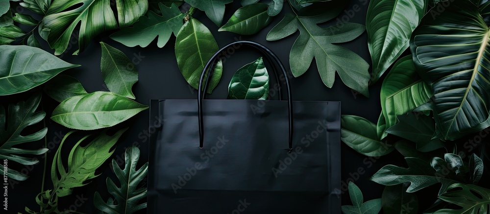 Poster dark background with green leaves frames a black shopping bag in a mockup offering copy space image