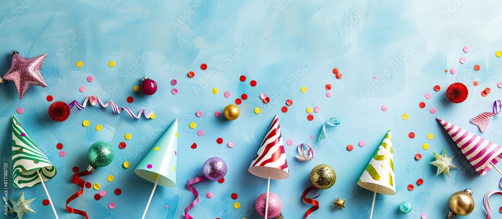 Fototapete A flat lay arrangement features party hats and various festive objects on a light blue backdrop leaving room for text in the image. with copy space image. Place for adding text or design