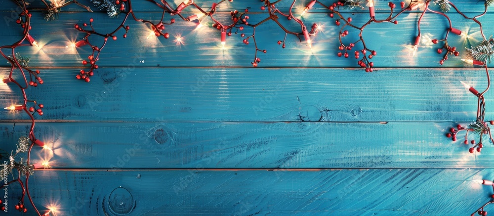 Poster Top view of Christmas garland lights on a blue wooden background with a designated area for adding text creating a copy space image