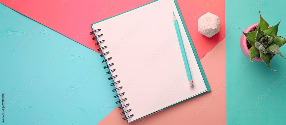 Poster Minimalism illustrated in an office setting with a blank notebook pencil and cactus on a colorful background top view showcasing a copy space image with a soft pastel filter