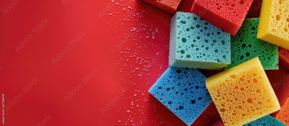Aufkleber Colorful sponges on a red backdrop with a copy space image for a cleanup day featuring a sponge cleaning kit for housework housekeeping and household chores