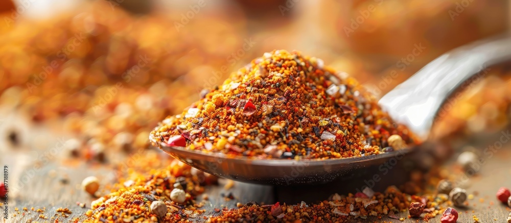 Fototapete cooking spice mix displayed in a spoon against a background with ample copy space image available