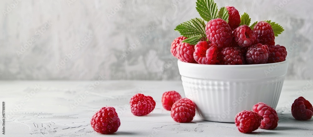 Poster a white ceramic bucket with fresh raspberries on a light background featuring copy space image