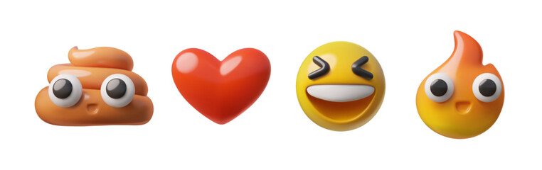 Set of 3D emoji: Poop, Heart, Laughter, Fire. Isolated background.