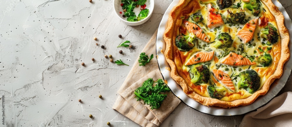 Poster Close up view of a savory homemade quiche featuring salmon and broccoli on a beige table with a blank area for text in the image area. with copy space image. Place for adding text or design