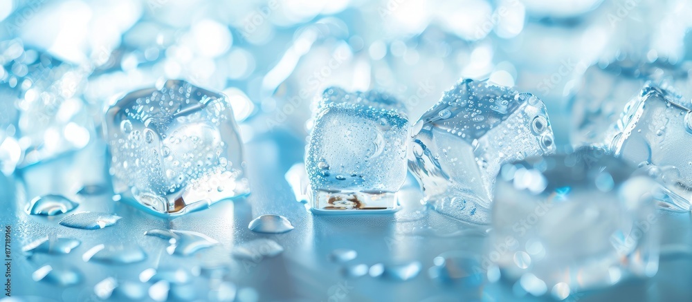 Poster Selective focus on numerous transparent ice cubes on a bright backdrop with room for text within the copy space image