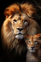 Fototapeta premium Proud lion and her son, generative IA