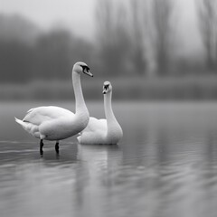 A Serene Scene of Two Swans in Tranquil Water on a Foggy Day