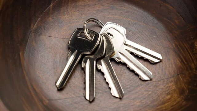A bunch of metal keys to the apartment door lies in a wooden bowl in close up. Rotation