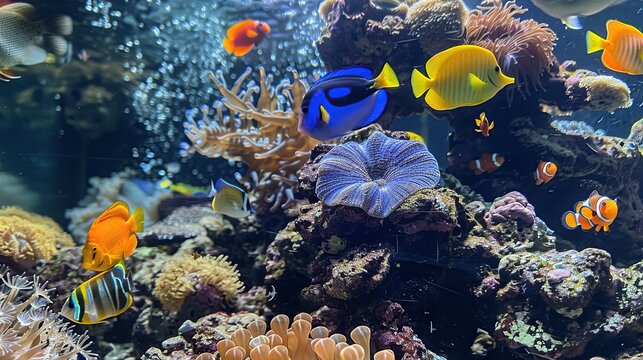 View of underwater coral decorated with colorful nemo fish and dory fish.