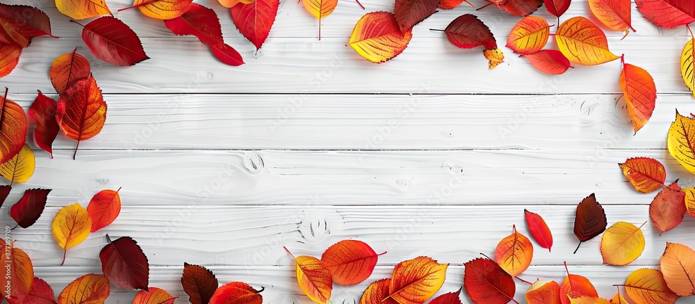 Poster Beautiful rustic autumn background or web banner featuring a top view of a border made of red and yellow autumn leaves on a white wooden surface providing copy space for text