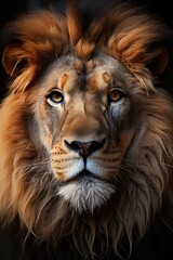 Fototapeta premium The face of a lion is shown with the word lion., generative IA