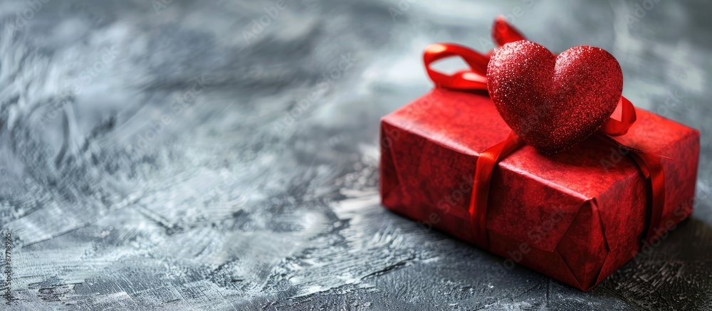 Aufkleber valentine s day greeting card featuring a red gift box with a heart on a gray background and copy sp