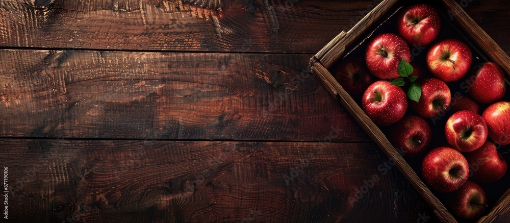 Poster Top down view of a wooden crate with fresh juicy apples on a table offering room for text in the empty area beside the image. with copy space image. Place for adding text or design