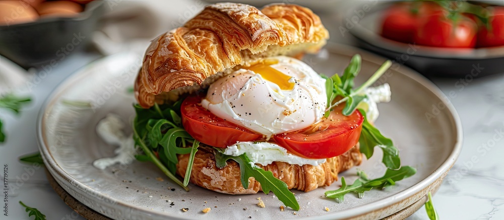 Poster breakfast plate featuring a croissant sandwich topped with a poached egg displayed in a copy space i