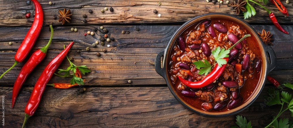 Poster Flat lay of delicious chili con carne on a wooden table with room for text in the image. with copy space image. Place for adding text or design